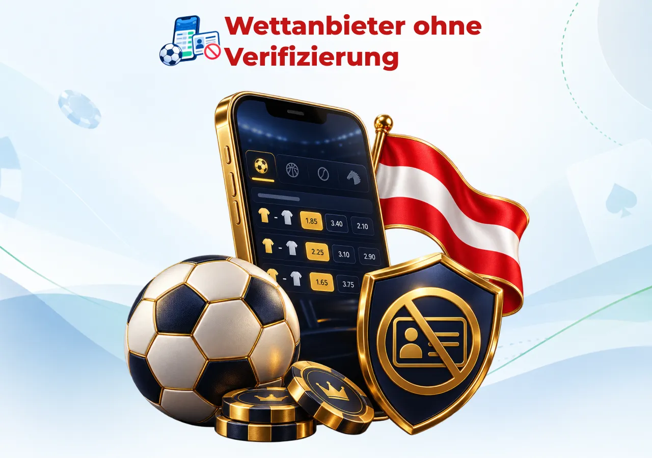 Wettanbieter ohne Verifizierung in Österreich mit Smartphone, Fußball, Landesflagge und Symbol für Spielen ohne Identitätsprüfung.