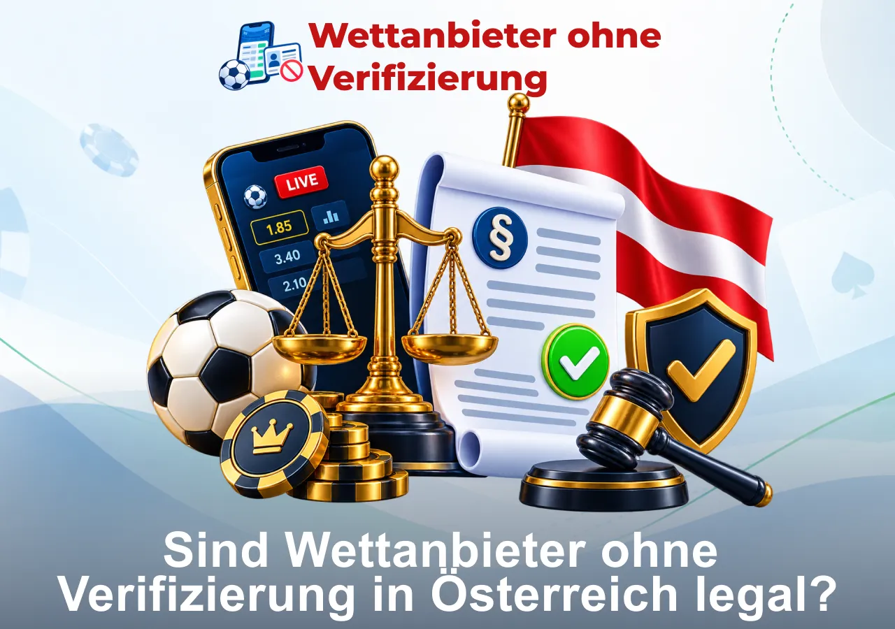 Rechtliche Aspekte von Wettanbietern ohne Verifizierung in Österreich mit Gesetz, Waage, Richterhammer und Sportwetten-Symbolen.